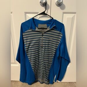 Patagonia Blue and Gray Striped Capilene Midweight 1/4 zip Pullover, Men’s Large